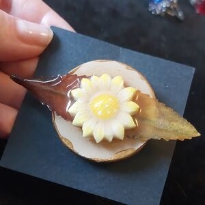 Handmade Artisan Sunflower Leaf Brooch Resin Boho